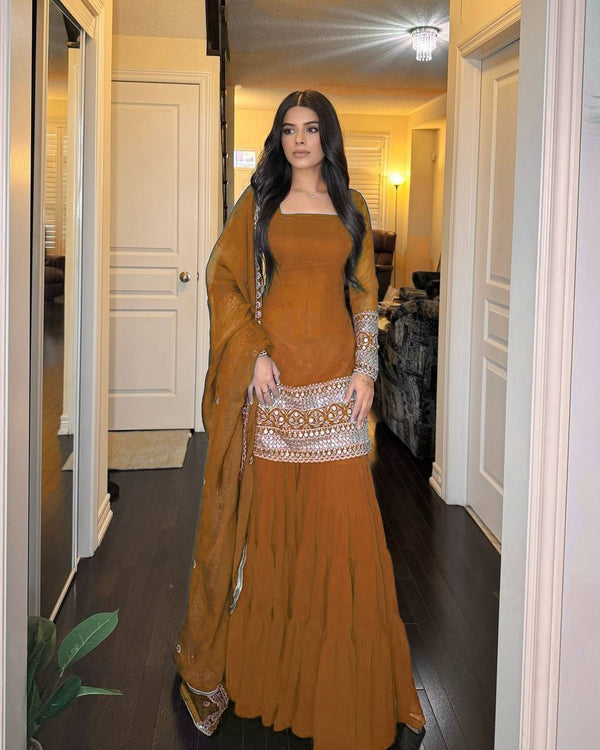 Stunning Mustard Color Faux Georgette Thread With 9mm Sequence Work Beautiful Sharara Suit