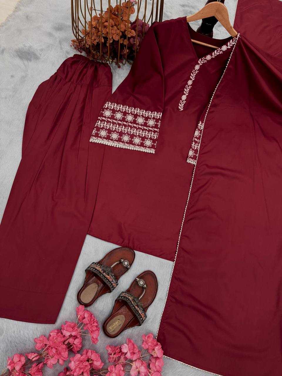 Casual Wear Maroon Color Natural Satin With Embroidery Work Beautiful Palazzo Suit