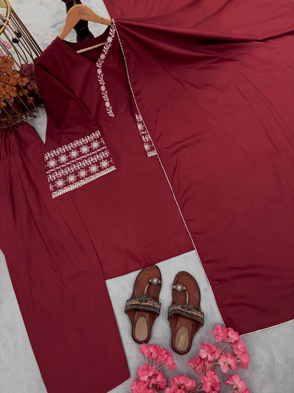 Casual Wear Maroon Color Natural Satin With Embroidery Work Beautiful Palazzo Suit