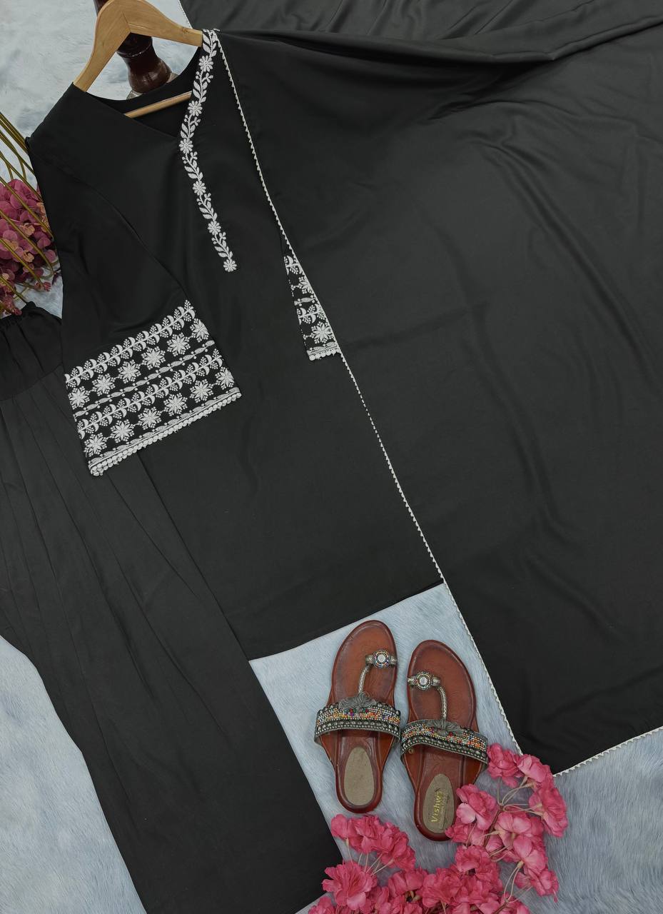 Casual Wear Black Color Natural Satin With Embroidery Work Beautiful Palazzo Suit