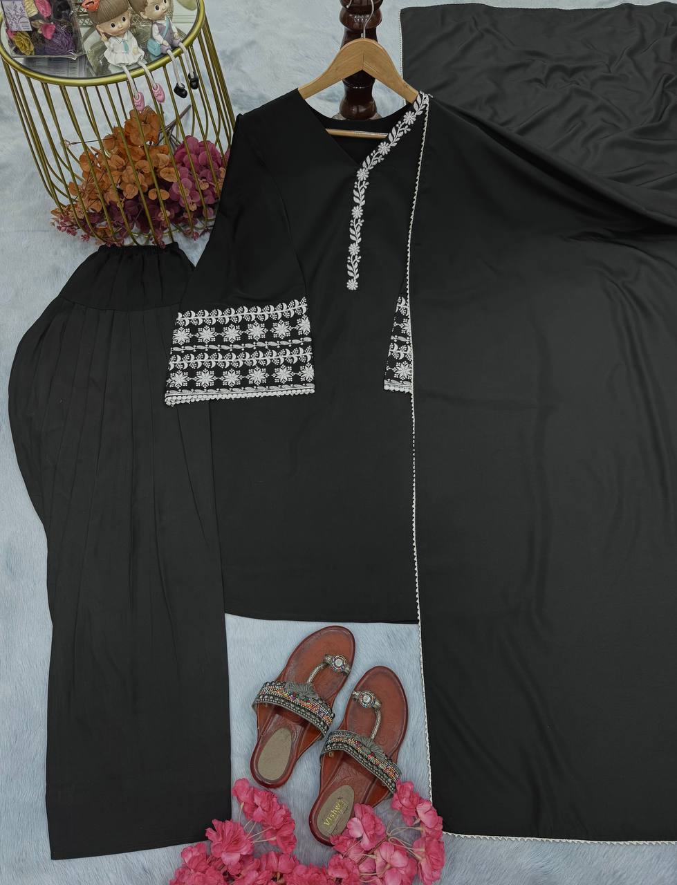 Casual Wear Black Color Natural Satin With Embroidery Work Beautiful Palazzo Suit
