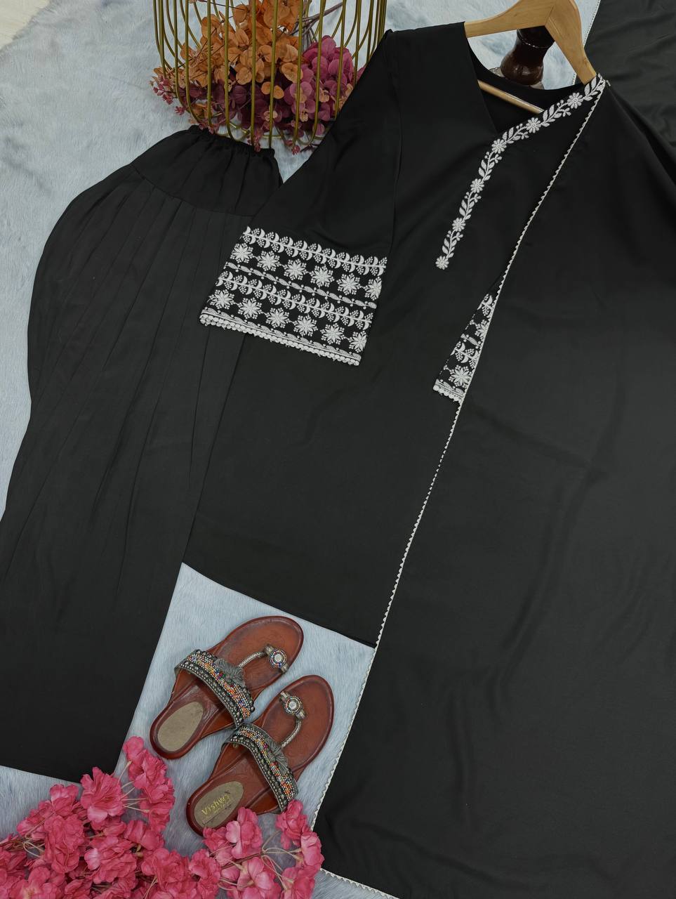Casual Wear Black Color Natural Satin With Embroidery Work Beautiful Palazzo Suit