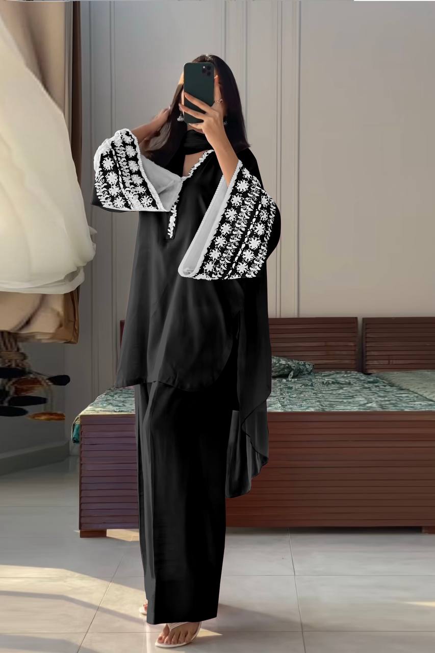Casual Wear Black Color Natural Satin With Embroidery Work Beautiful Palazzo Suit