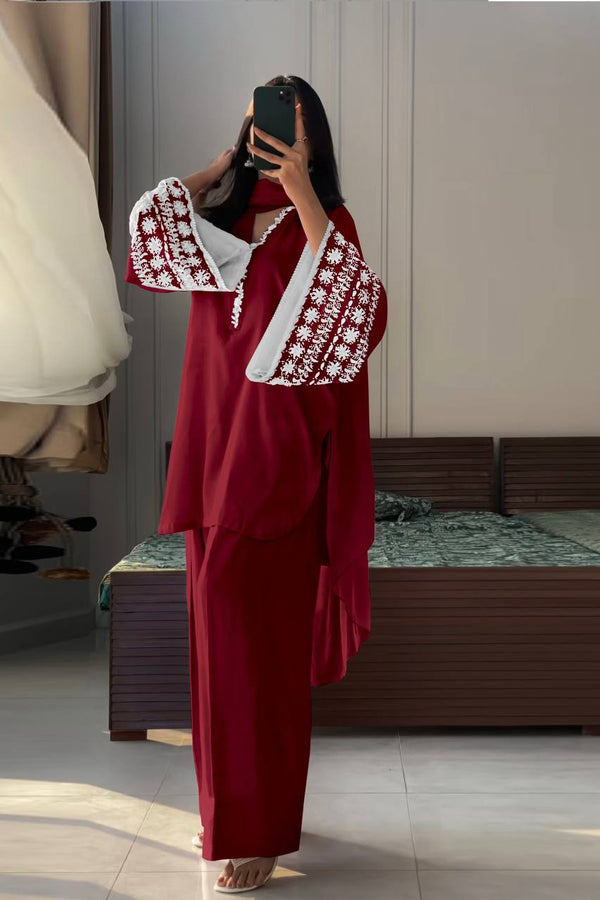 Casual Wear Maroon Color Natural Satin With Embroidery Work Beautiful Palazzo Suit