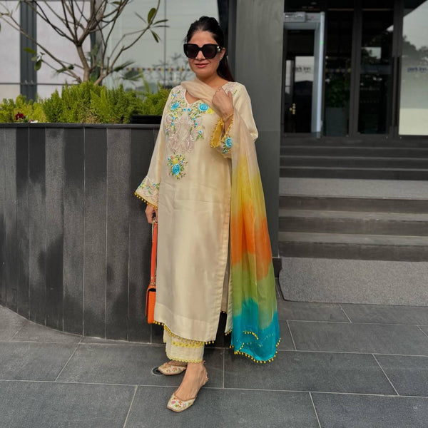 Stylish White Color Moss Satin With Heavy Embroidery Sequence Work Palazzo Suit