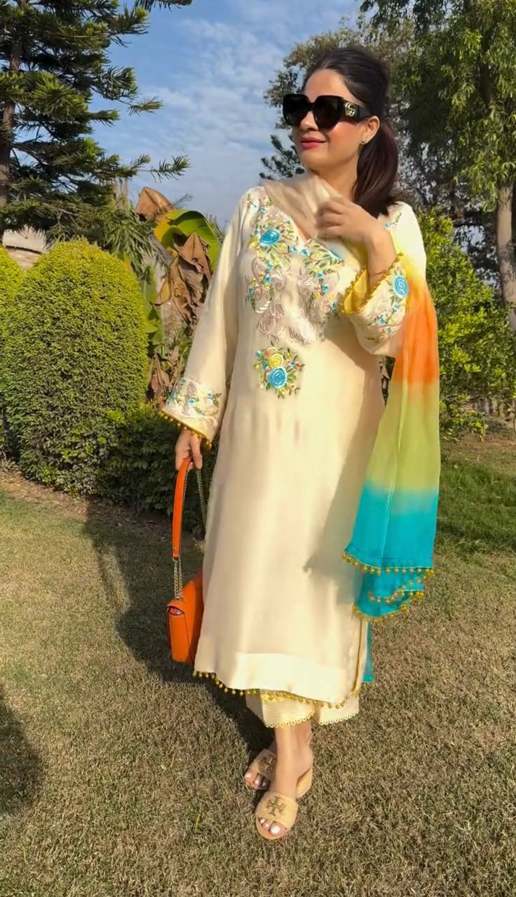 Stylish White Color Moss Satin With Heavy Embroidery Sequence Work Palazzo Suit