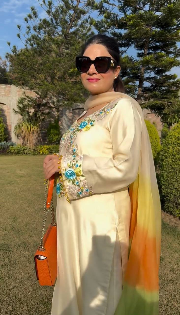 Stylish White Color Moss Satin With Heavy Embroidery Sequence Work Palazzo Suit