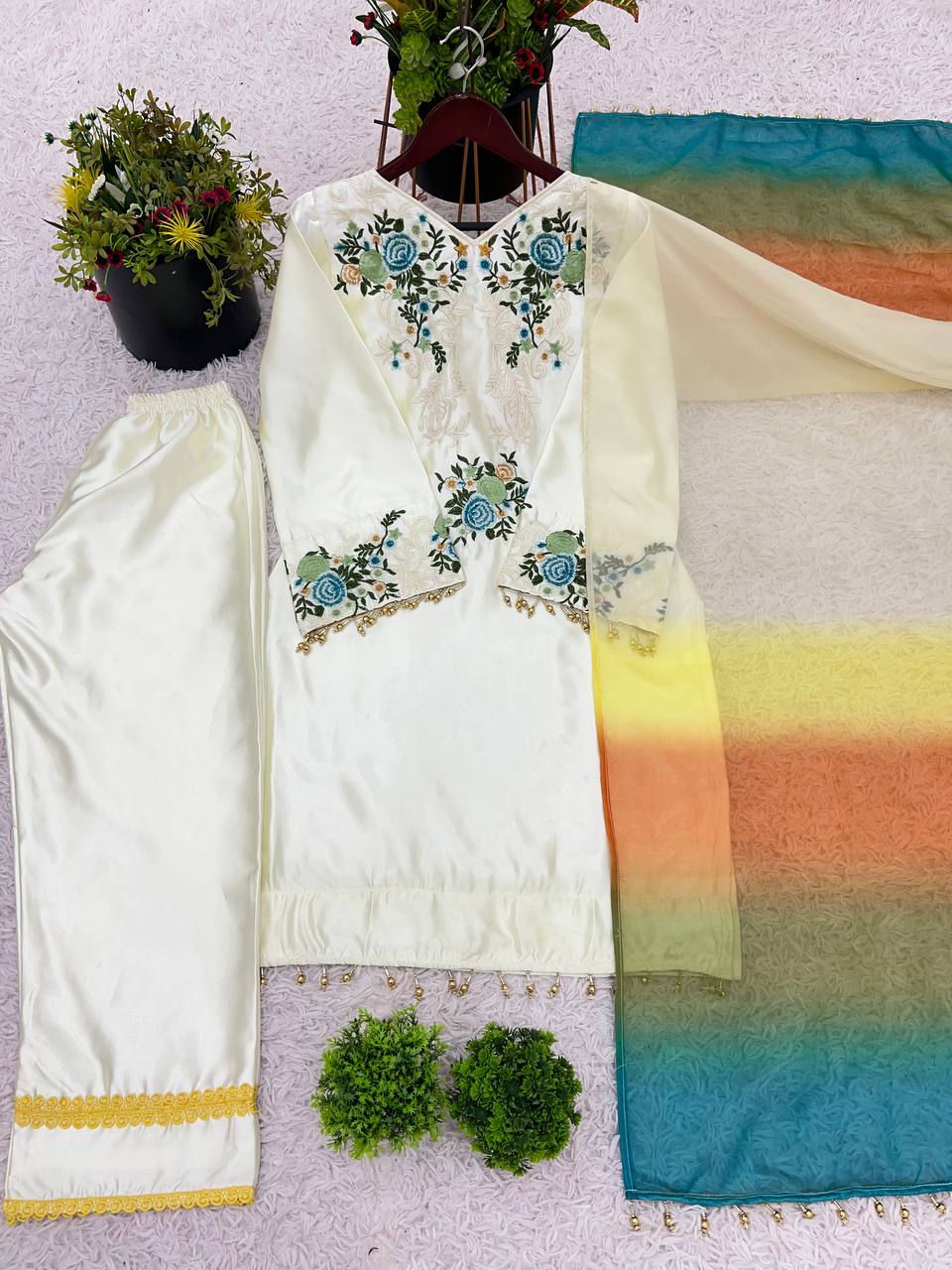 Stylish White Color Moss Satin With Heavy Embroidery Sequence Work Palazzo Suit