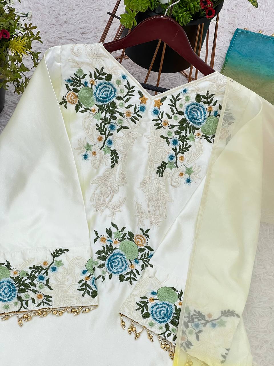 Stylish White Color Moss Satin With Heavy Embroidery Sequence Work Palazzo Suit