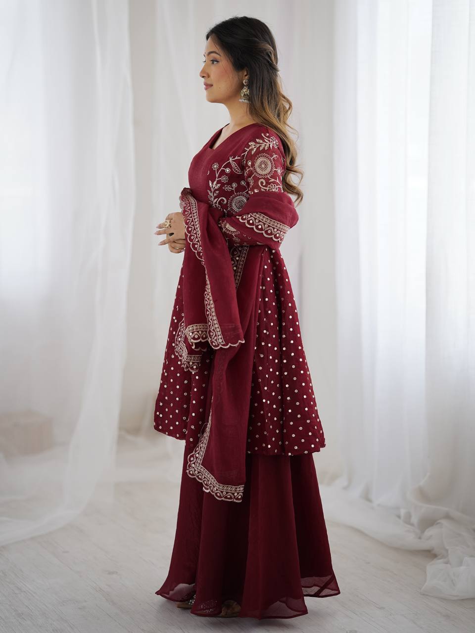 Party Wear Maroon Color Embroidered Sequence Work Sharara Suit