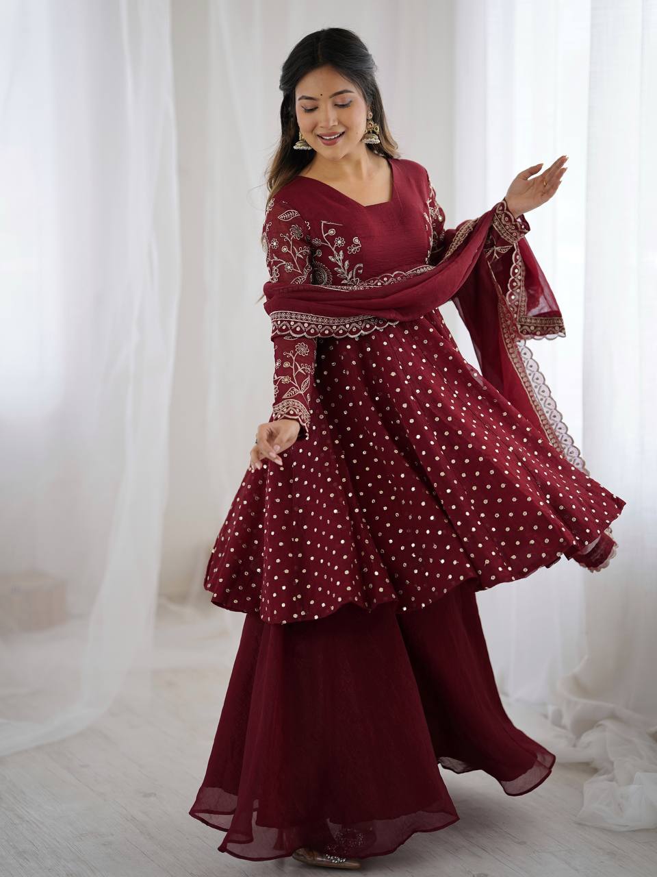 Party Wear Maroon Color Embroidered Sequence Work Sharara Suit