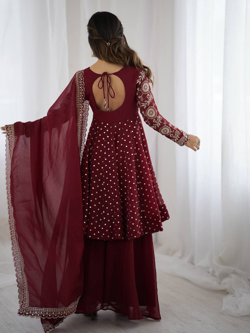 Party Wear Maroon Color Embroidered Sequence Work Sharara Suit