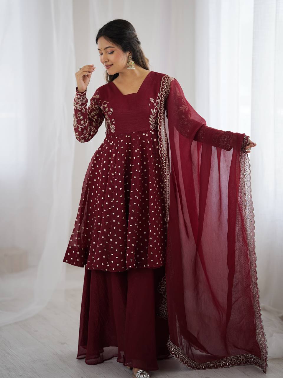 Party Wear Maroon Color Embroidered Sequence Work Sharara Suit
