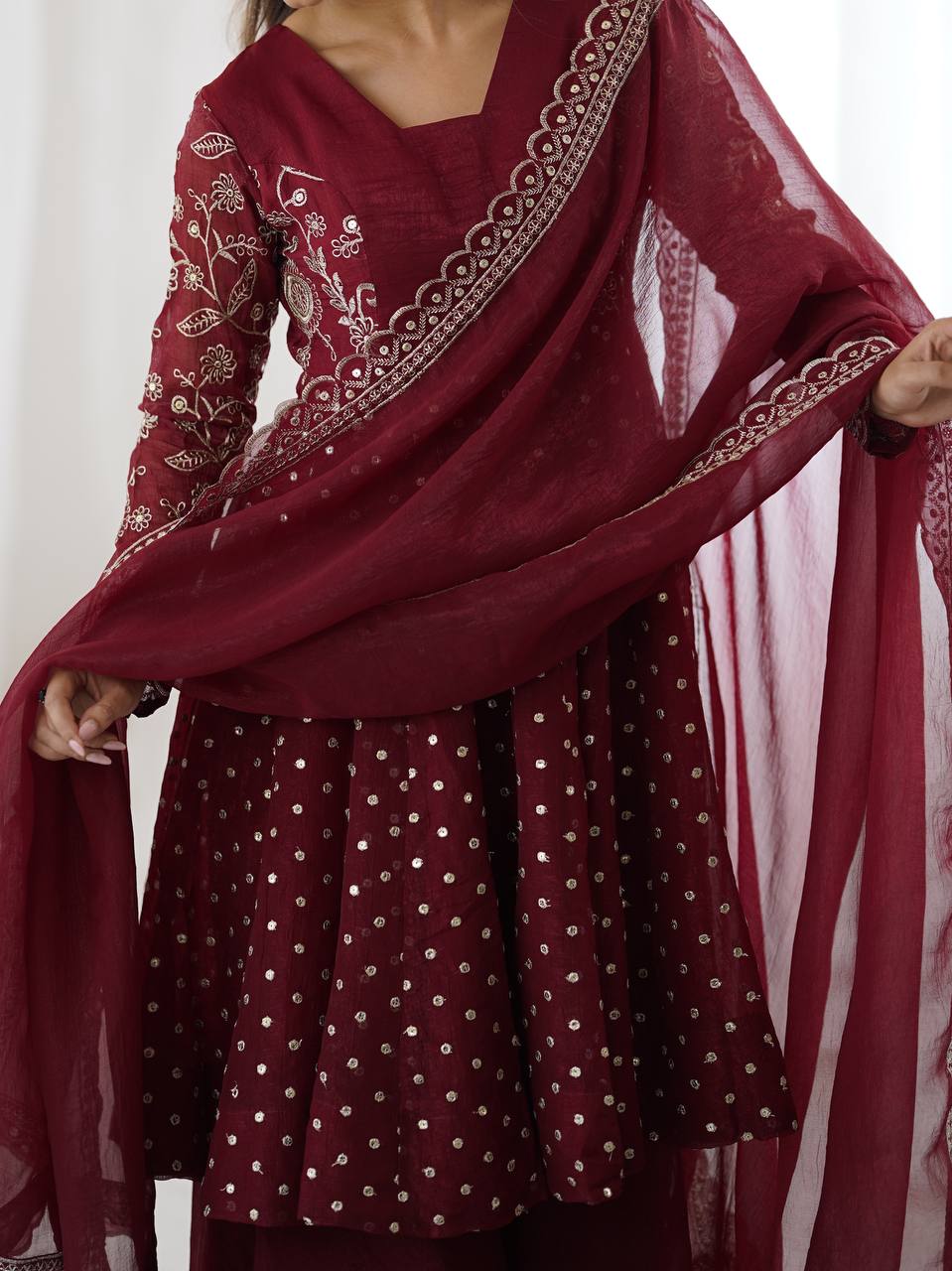 Party Wear Maroon Color Embroidered Sequence Work Sharara Suit