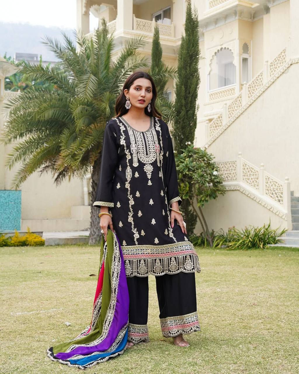 Embellished Black Color Pure Heavy Chinon Silk With Embroidery Coding Sequence Work Palazzo Suit