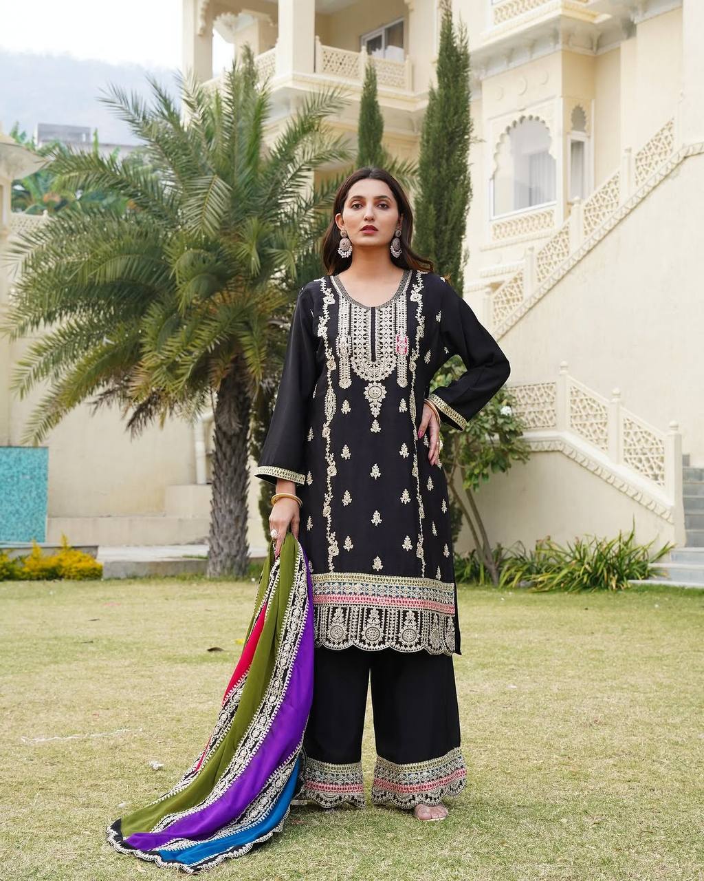 Embellished Black Color Pure Heavy Chinon Silk With Embroidery Coding Sequence Work Palazzo Suit