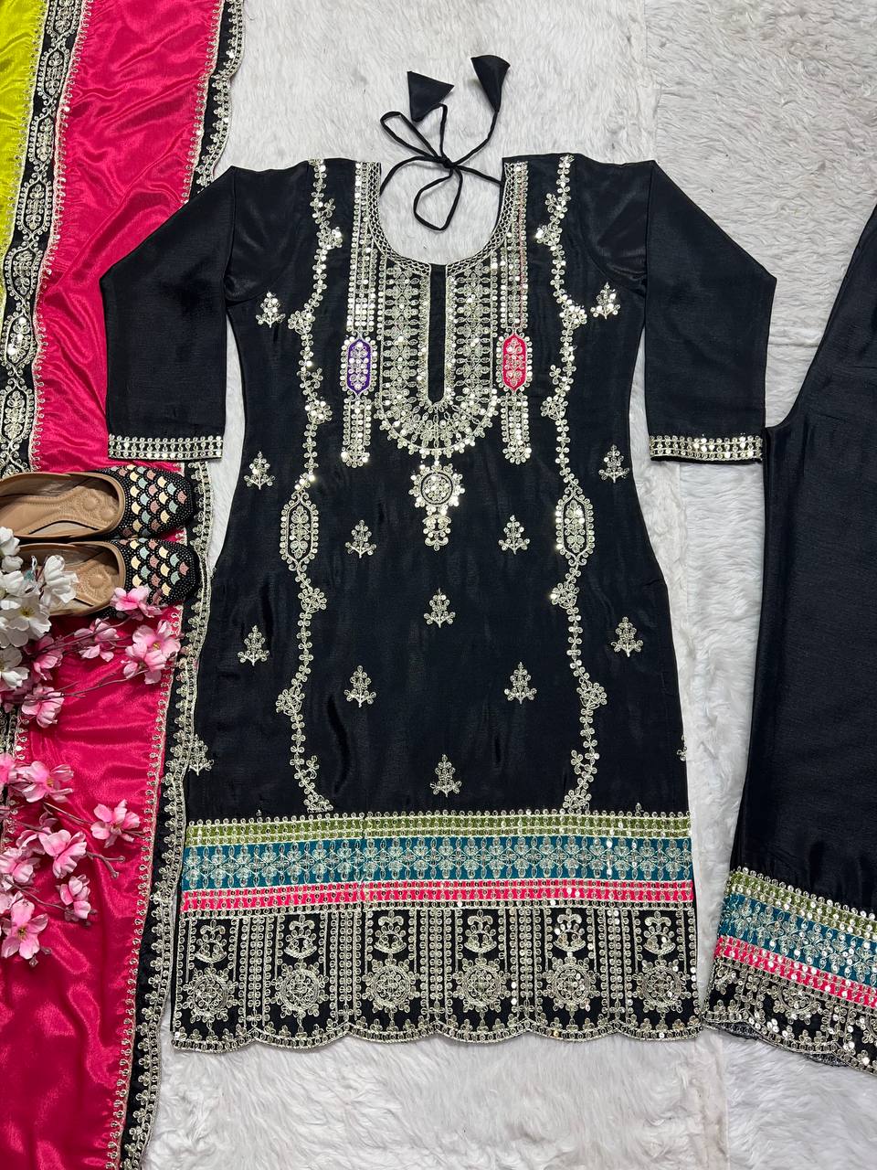 Embellished Black Color Pure Heavy Chinon Silk With Embroidery Coding Sequence Work Palazzo Suit