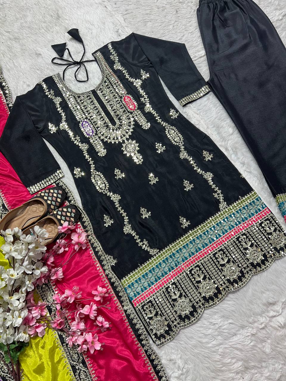 Embellished Black Color Pure Heavy Chinon Silk With Embroidery Coding Sequence Work Palazzo Suit