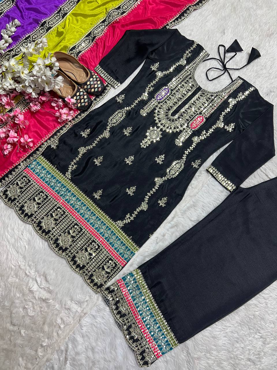 Embellished Black Color Pure Heavy Chinon Silk With Embroidery Coding Sequence Work Palazzo Suit