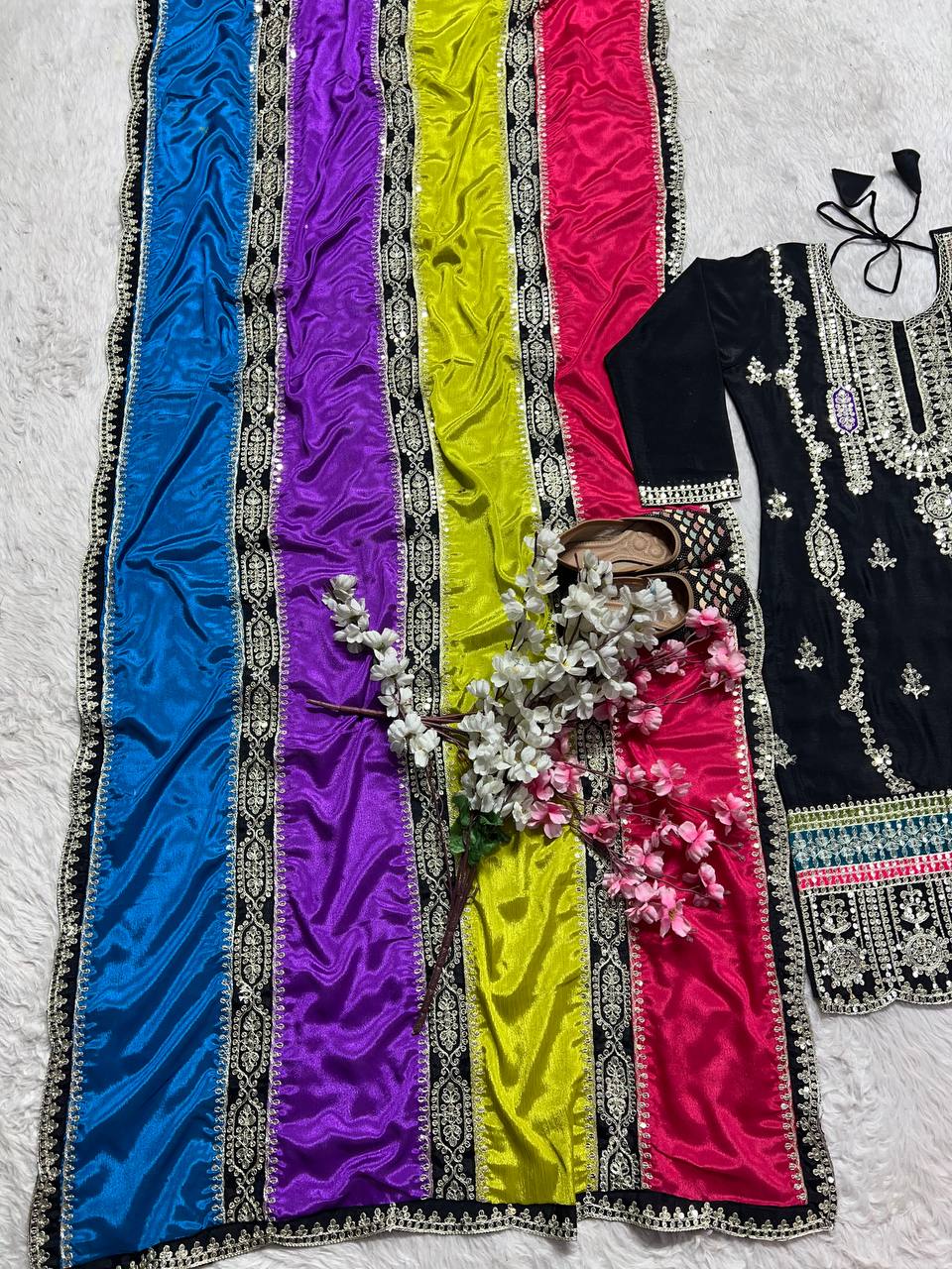 Embellished Black Color Pure Heavy Chinon Silk With Embroidery Coding Sequence Work Palazzo Suit