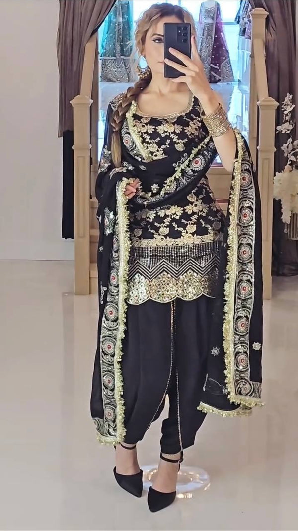 Exclusive Black Color Heavy Natural Crepe Silk With Sequence Work Dhoti Suit