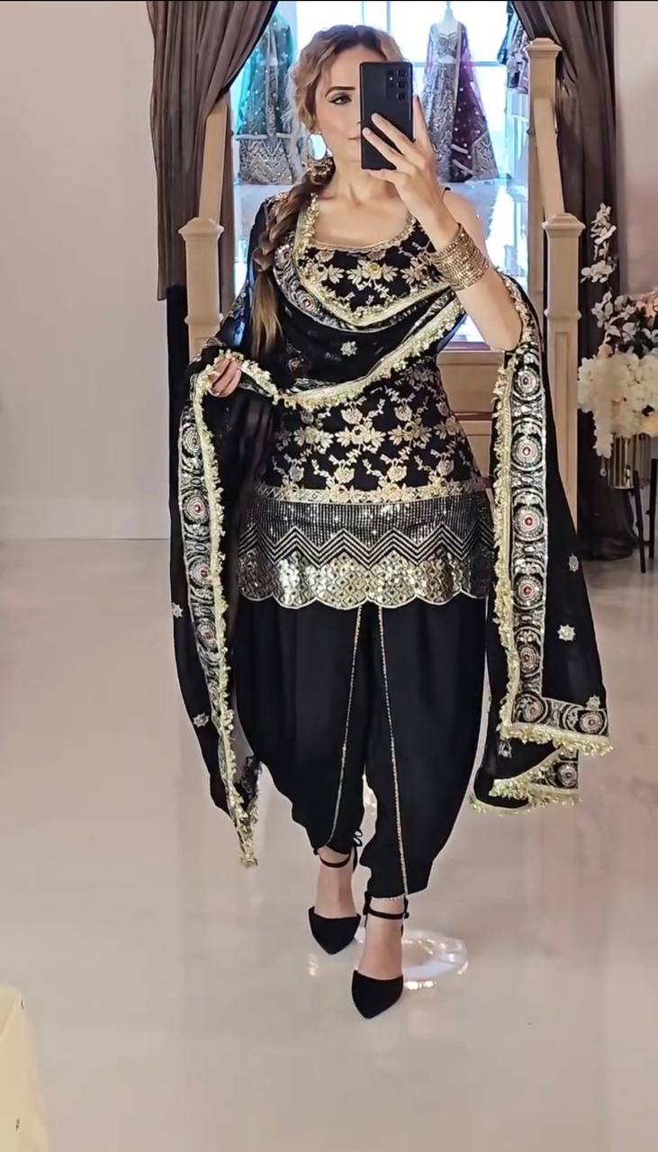 Exclusive Black Color Heavy Natural Crepe Silk With Sequence Work Dhoti Suit
