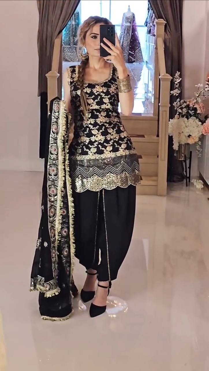 Exclusive Black Color Heavy Natural Crepe Silk With Sequence Work Dhoti Suit