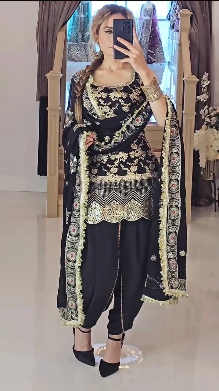 Exclusive Black Color Heavy Natural Crepe Silk With Sequence Work Dhoti Suit