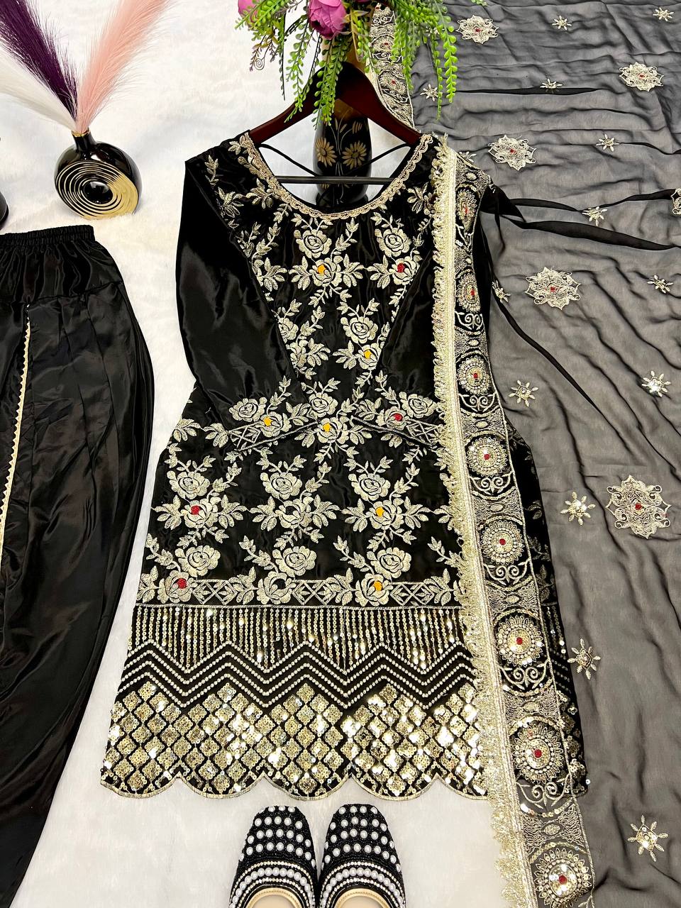 Exclusive Black Color Heavy Natural Crepe Silk With Sequence Work Dhoti Suit