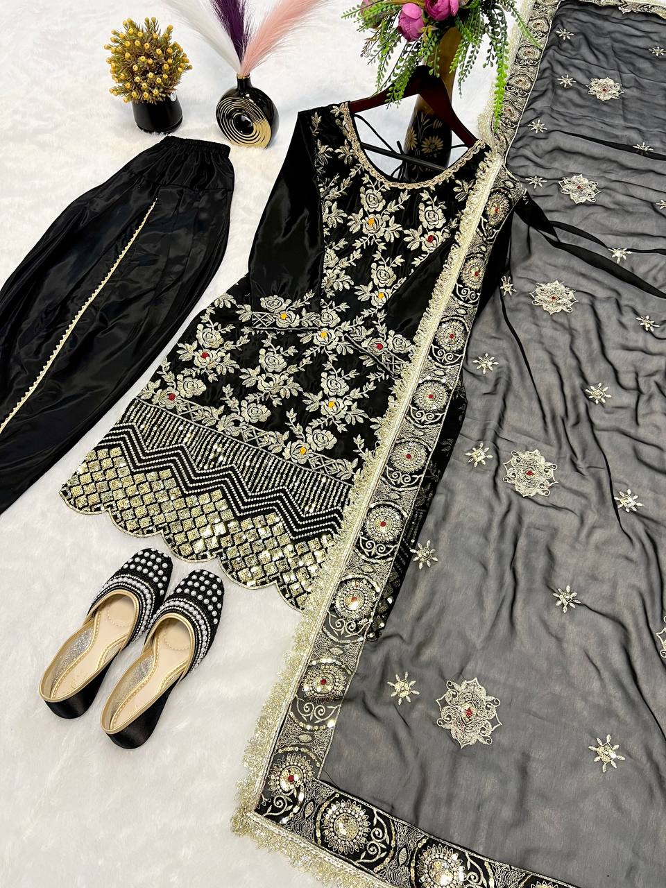 Exclusive Black Color Heavy Natural Crepe Silk With Sequence Work Dhoti Suit