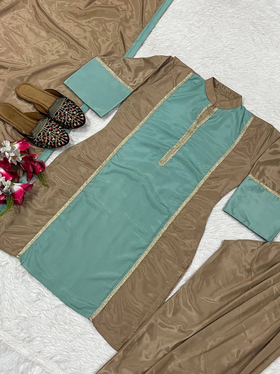 Party Wear Multi Color Natural Satin Designer Palazzo Suit