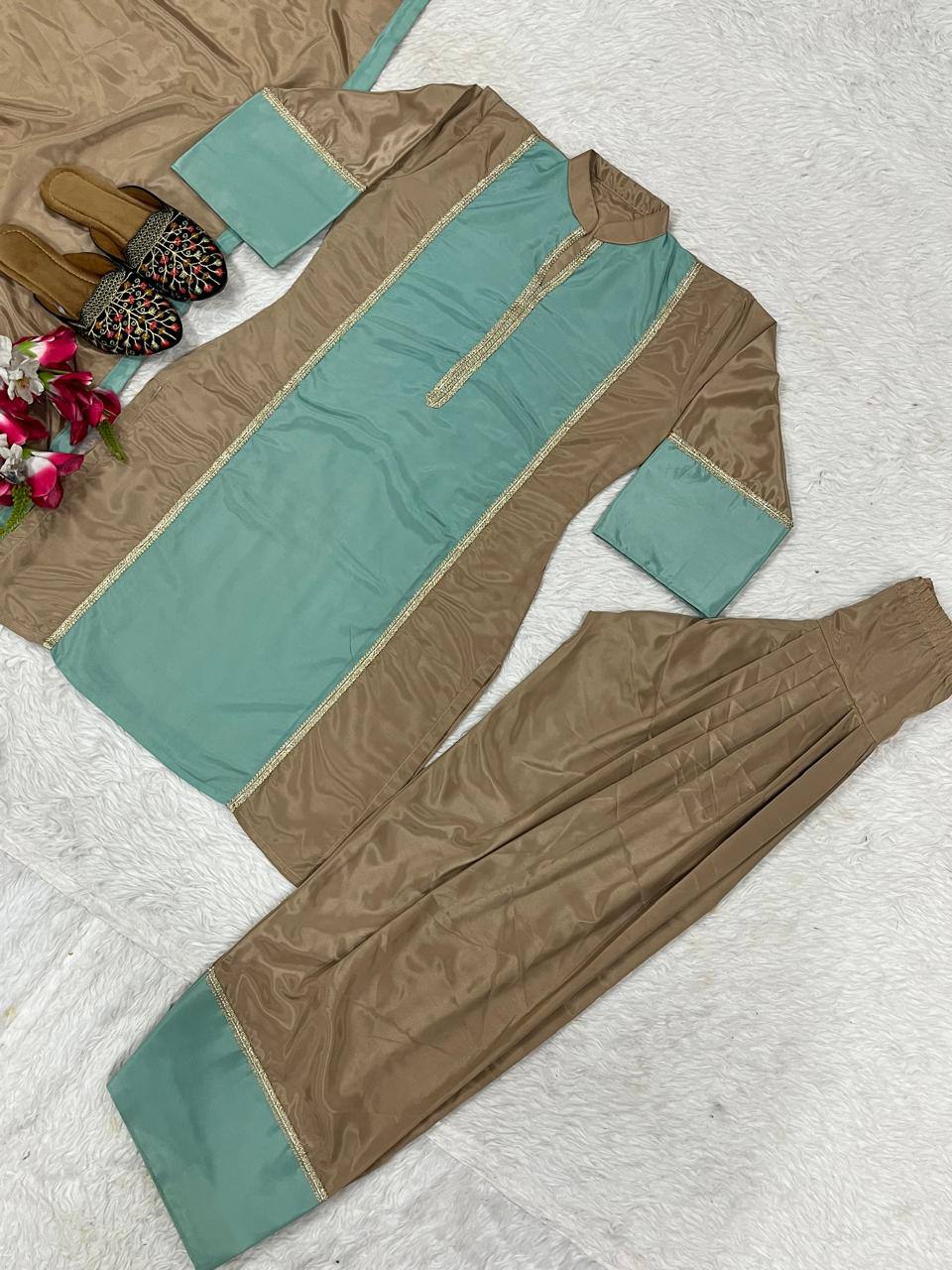 Party Wear Multi Color Natural Satin Designer Palazzo Suit