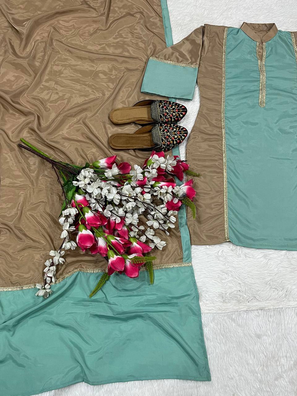Party Wear Multi Color Natural Satin Designer Palazzo Suit