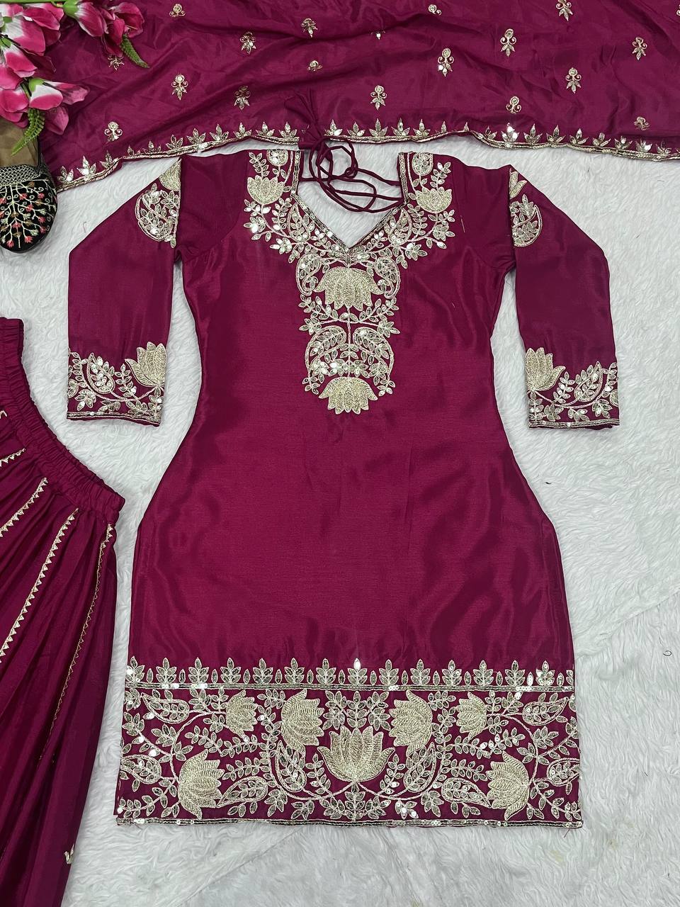 Wedding Wear Wine Color Chinon Silk With Heavy Embroidery Sequence Work Palazzo Suit