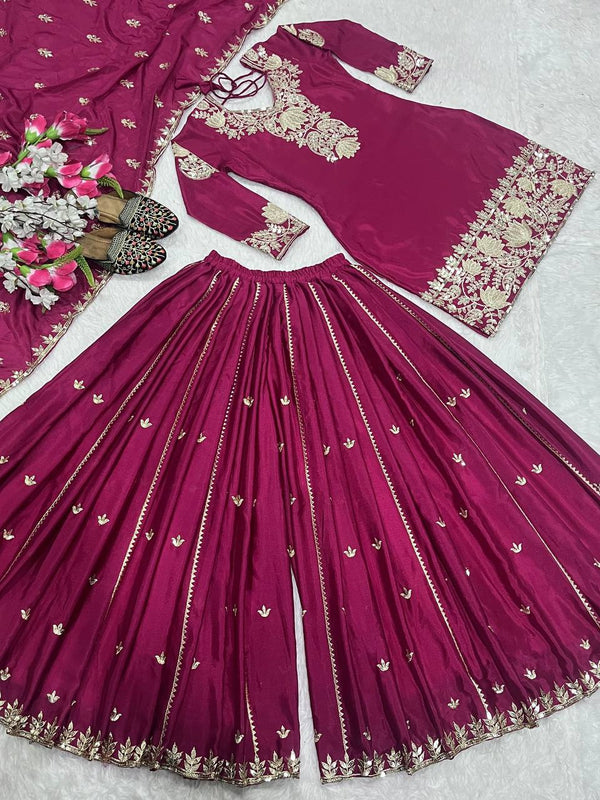 Wedding Wear Wine Color Chinon Silk With Heavy Embroidery Sequence Work Palazzo Suit