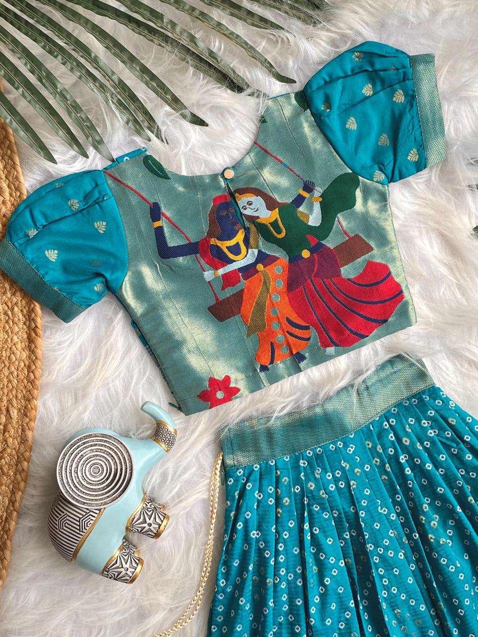 Beautilful Sky Blue Color Designer Bandhej Kids Lehenga Choli