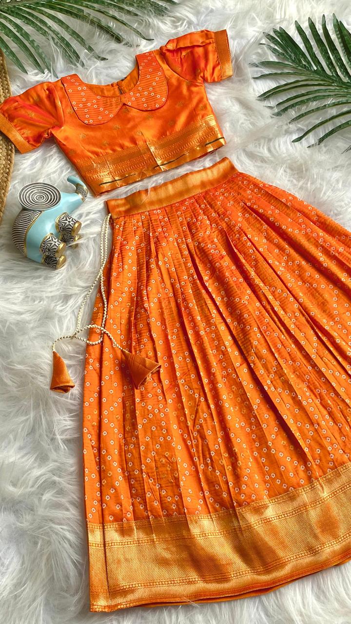 Beautilful Orange Color Designer Bandhej Kids Lehenga Choli