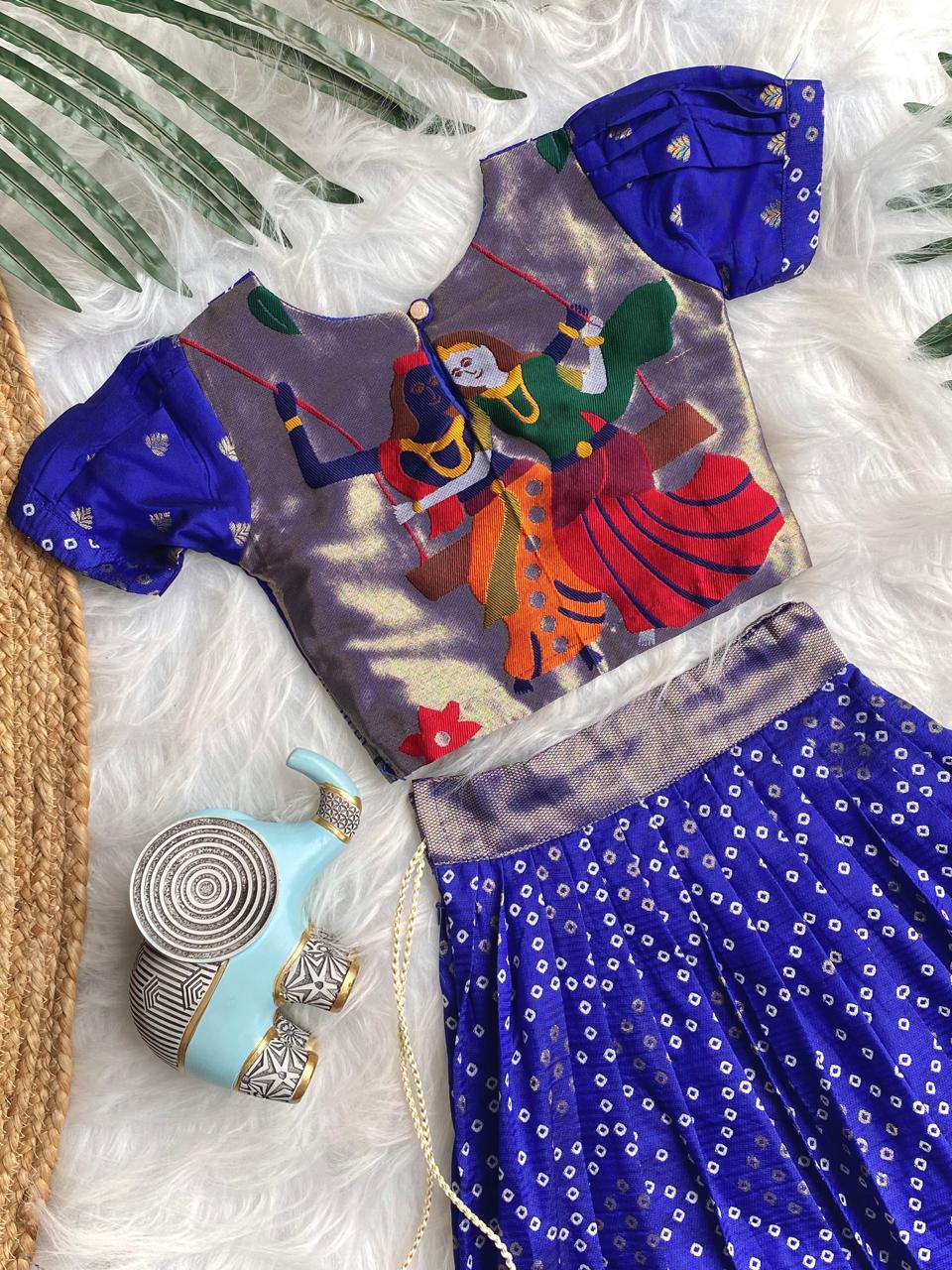 Beautilful Blue Color Designer Bandhej Kids Lehenga Choli