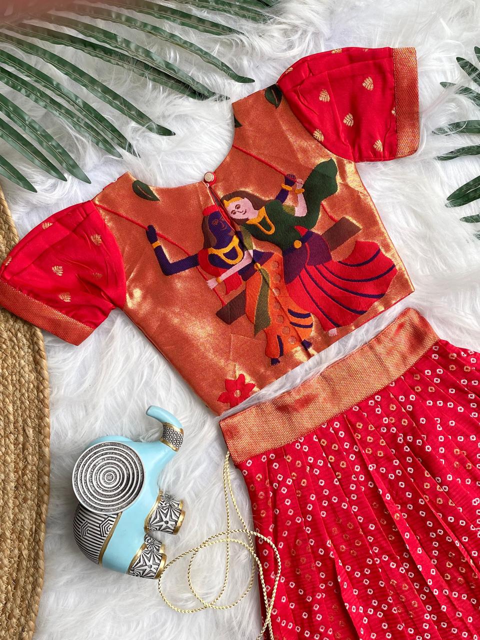 Beautilful Red Color Designer Bandhej Kids Lehenga Choli