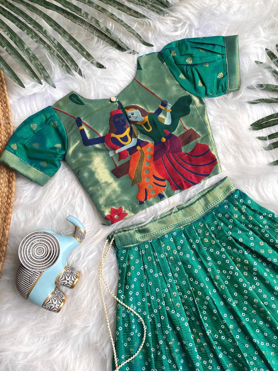 Beautilful Green Color Designer Bandhej Kids Lehenga Choli