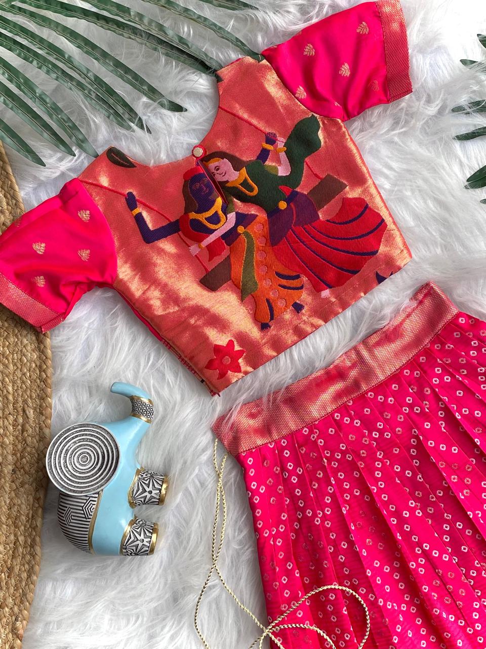 Beautilful Pink Color Designer Bandhej Kids Lehenga Choli