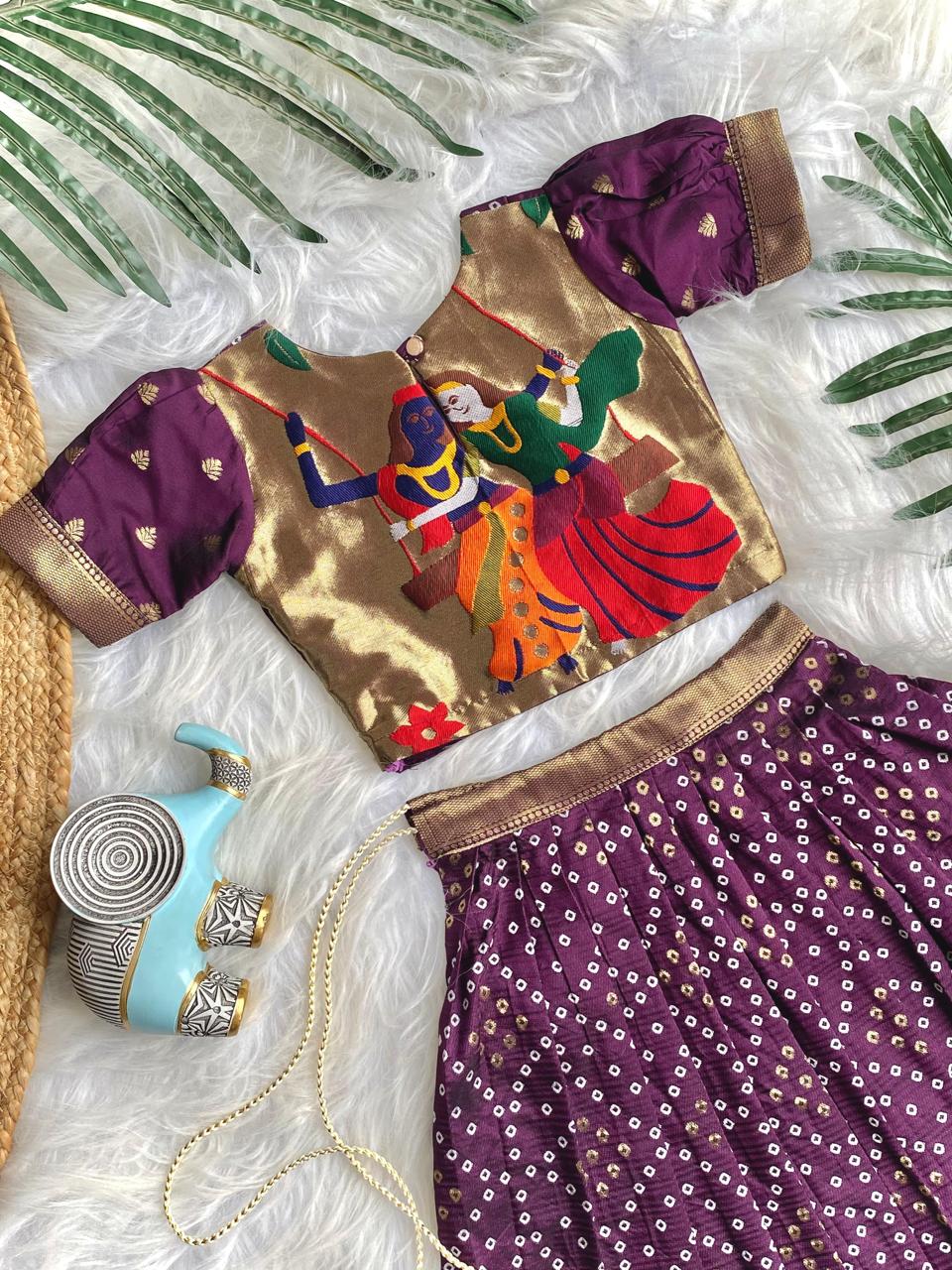 Beautilful Purple Color Designer Bandhej Kids Lehenga Choli