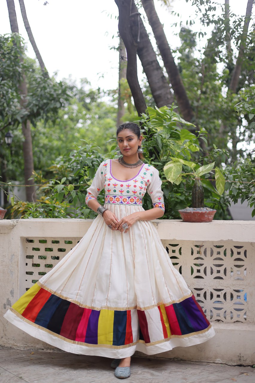 Navratri Special White Color Designer Full Flair Gown