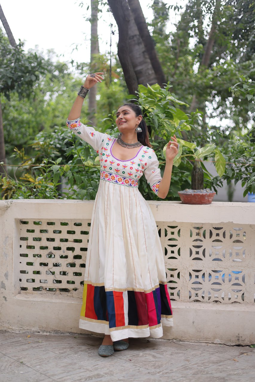 Navratri Special White Color Designer Full Flair Gown