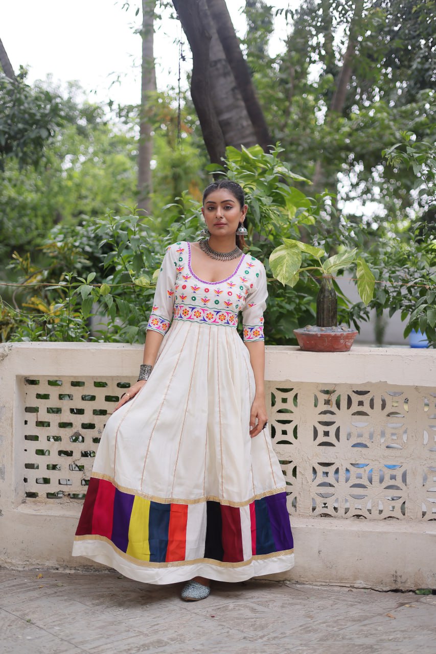 Navratri Special White Color Designer Full Flair Gown