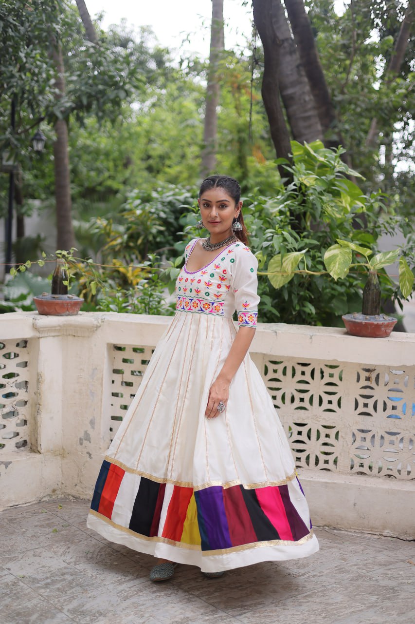Navratri Special White Color Designer Full Flair Gown