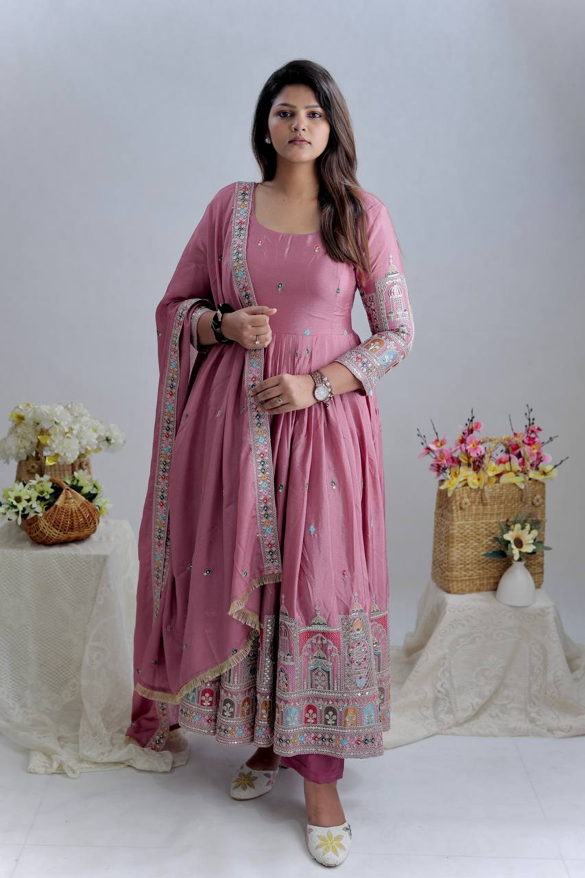 Party Wear Lavender Color Embroidered Designer Anarkali Gown