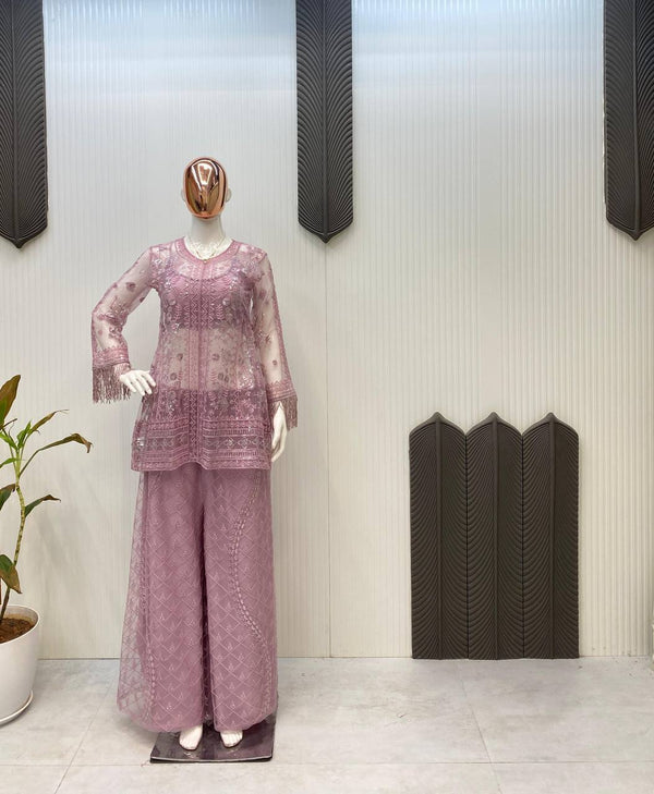 Function Wear Dusty Pink Butterfly Net With Sequence Embroidery Work Palazzo Suit