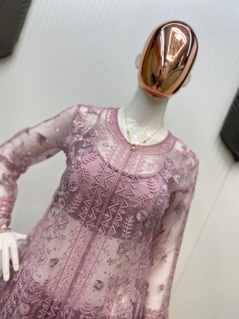 Function Wear Dusty Pink Butterfly Net With Sequence Embroidery Work Palazzo Suit