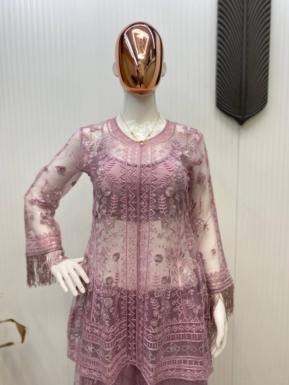Function Wear Dusty Pink Butterfly Net With Sequence Embroidery Work Palazzo Suit